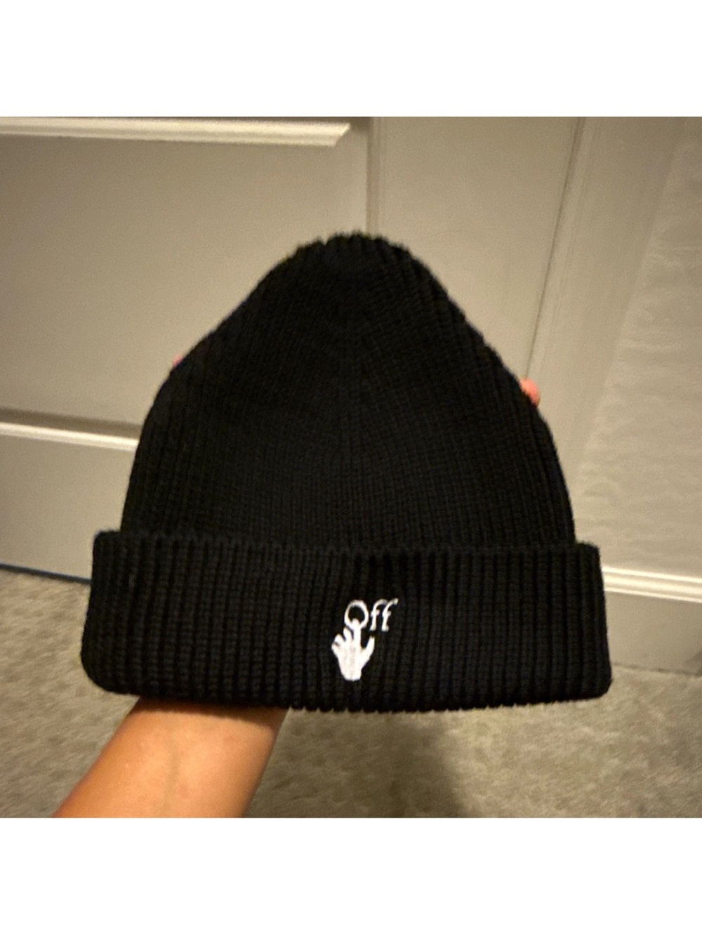 Off-White Black Knit Beanie with White Hand Logo